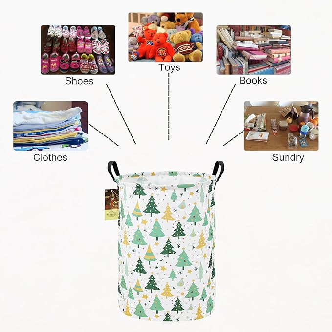 HUNRUNG Collapsible Fabric Storage Basket, Waterproof Laundry Hamper with Handles, Round Storage Bin for Clothes Toys, Foldable Organizer for Bedroom Nursery Bathroom(Round-Christmas tree)