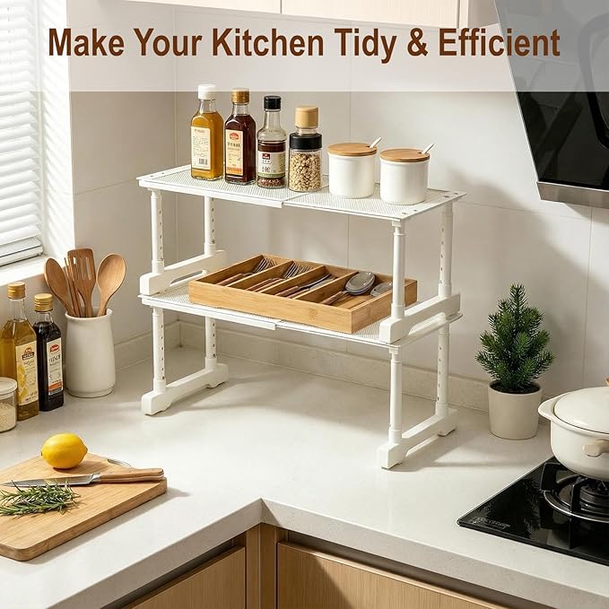 Expandable Cabinet Shelf Orgnizers, Stackable Kitchen Counter Shelves, Adjustable Height Pantry Cupboard Shelf, for Bathroom, Wardrobe, Under Sink Countertop (1)