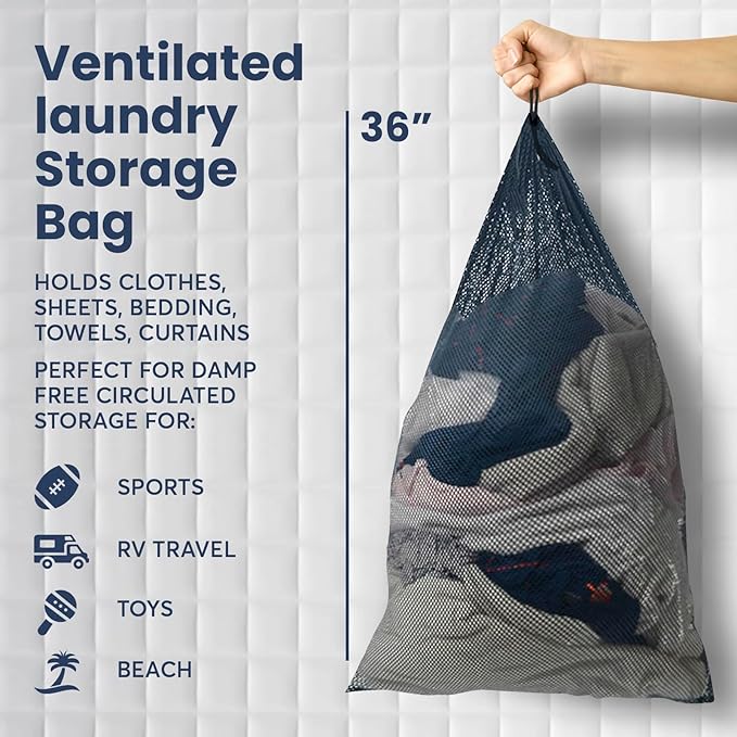 Premium Heavy-Duty Mesh Laundry Bag - Clothes Hamper w/Drawstring - Home & College Essentials Navy Blue (36"x24")