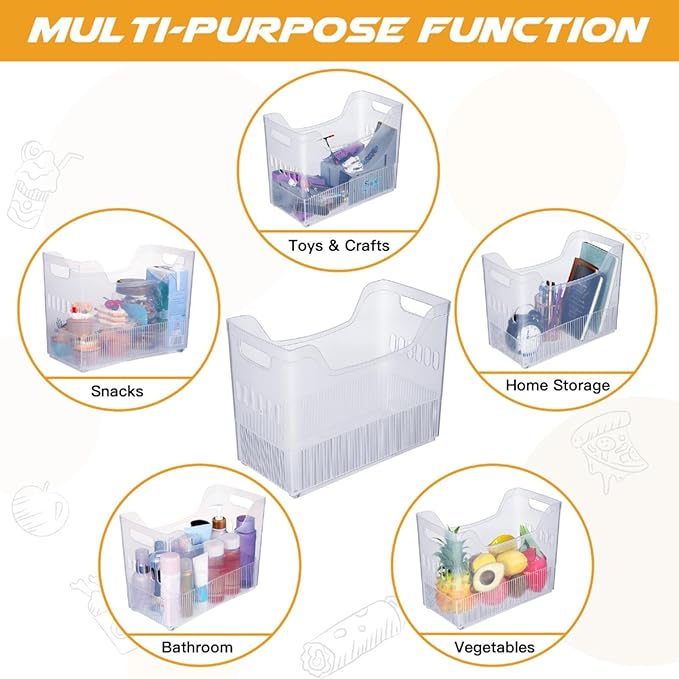 Beeveer 4 Pcs Plastic Freezer Organizer Bins with Wheel Tall Narrow Kitchen Pantry Organizer Snack Storage Containers for Office Refrigerator(10 x 12.5 x 6.7 Inch)