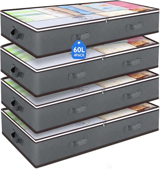 Budding Joy 60L Under Bed Storage Containers, Storage Bins with Clear Lids, Foldable Closet Organizers for Clothes, Blankets, Shoes, Bed Sheets, Comforter, Wrapping Paper, Home Dorm Storage