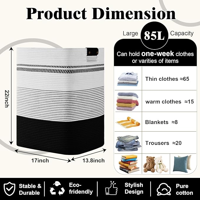 Laundry Hamper, 85L Tall Laundry Basket with Leather Handles, Rectangle Large Clothes Hamper for Organizing, Cotton Woven Laundry Baskets Storage Hampers for Bedroom, Nursery, Living Room
