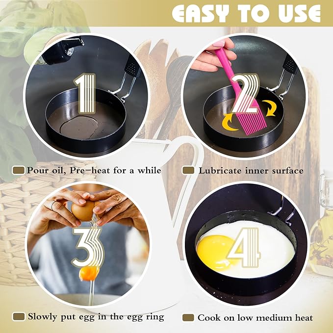 2-Pack Round+Heart Egg Rings Set with Silicone Handle, Stainless Steel Egg Cooking Rings，Nonstick，For Frying Eggs and English Muffins Pancake, Egg Mold Shaper For Breakfast