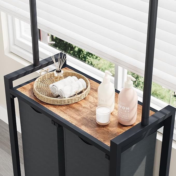 GarveeHome 2-Section Rolling Laundry Cart with Hanging Rack & Utility Shelf | Laundry Sorter Hamper with Lockable Wheels | Laundry Basket Organizer for Bedroom, Bathroom, Laundry Room | Black