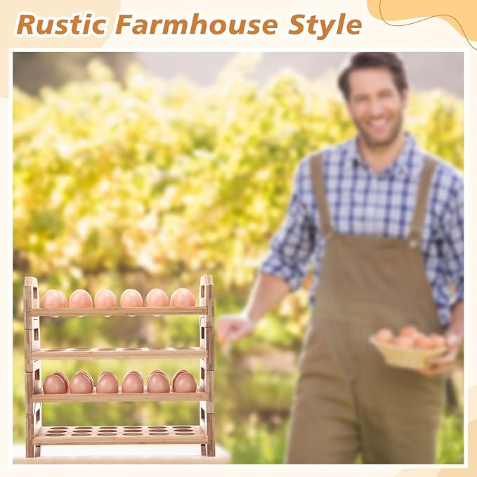 Reallnaive 4 Tier Wooden Egg Holder for Countertop, Bamboo Stackable Fresh Eggs Storage Farmhouse Collecting Rack for Gathering Kitchen Organizer or Easter Egg Display, Stackable with 72 Eggs(Wood)
