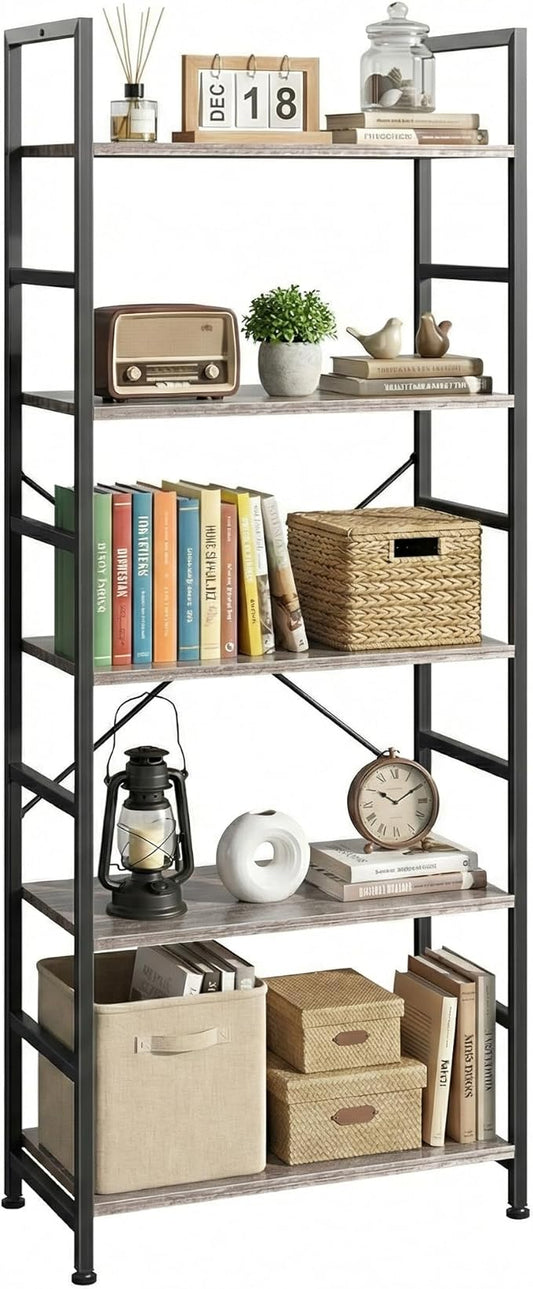 DUMOS 5 Tiers Bookshelf, Classical Book Shelf, Tall Display Shelves in Living Room/Home/Office, Storage Organizer for CDs/Books/Movies, Wood Grey