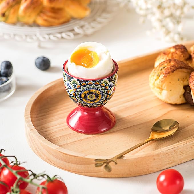 Henten Home Ceramic Egg Cup Set, Colorful Egg Cup Set of 6, Boho Style Egg Holder for Soft Boiled Eggs, Breakfast, Easter, Dishwasher & Microwave Safe
