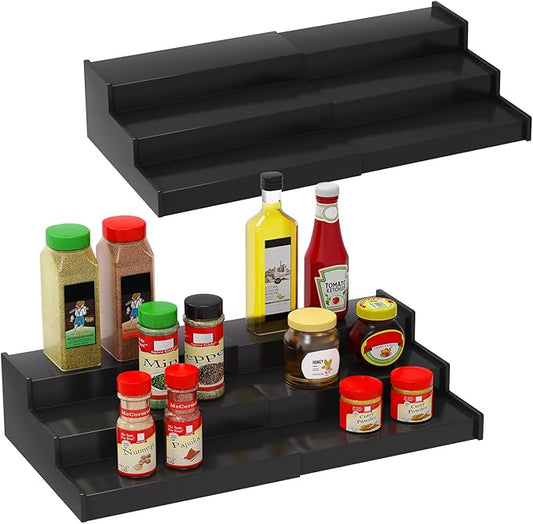 Lenwi Spice Rack Organizer for Cabinet 2 Pack, 3 Tier Expandable Bamboo Spice Storage for Kitchen Cupboard Pantry, Black