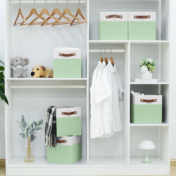 FinishingBo 6-Pack Storage Cubes with Handles & Label Holders Basket, Closet Cube Home Organizer Bins(White/Green, 10.5*10.5*11 inch)