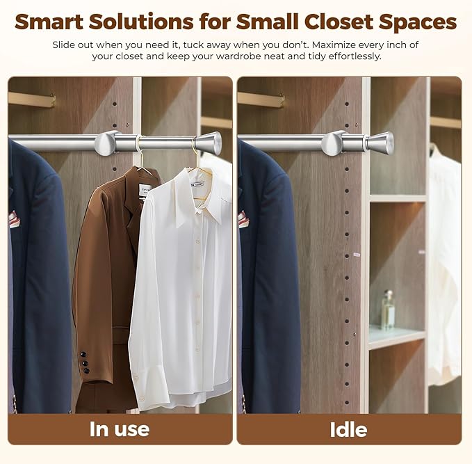 12" Pull-Out Valet Rod for Closet Organization, Add Extra Hanging Space 304 Stainless Steel Closet Rods, Space-Saving Design for Small Closets,Silver 2 Pack