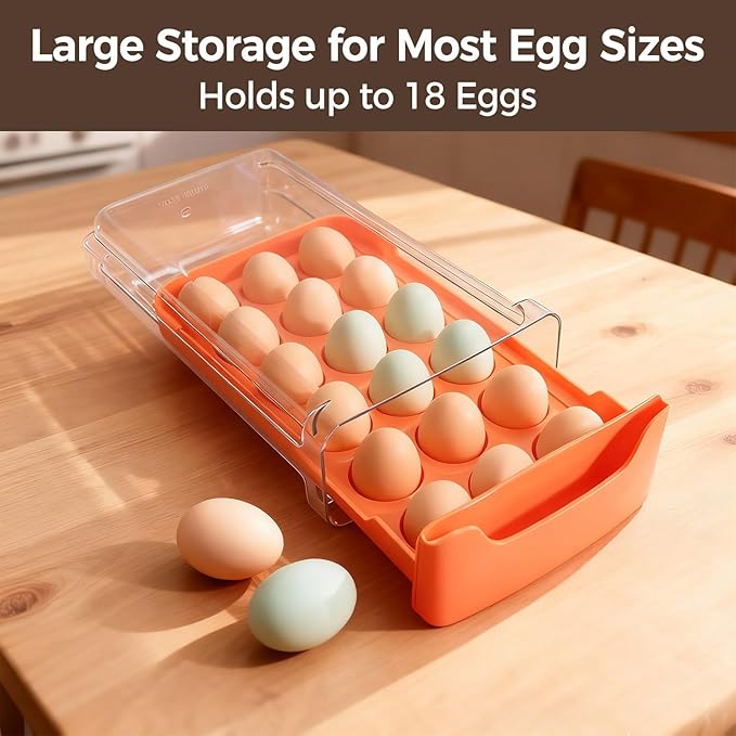 Egg-Holder for Fridge, 18-Count Egg-Storage for Refrigerator Countertop, 1 Tier Dispenser with Drawer, Stackable Clear Egg Tray Container, Egg Organizer, Fits Large Eggs, Orange