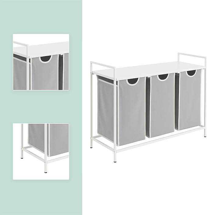 Relaxdays sorter with 3 Removable Bags, with Shelf, HWD: 72x92.5x33 cm, Metal Laundry Basket, White/Grey, Iron, Fibreboard, Polyester, 72 x 92.5 x 33 cm