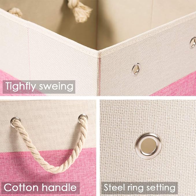 PRANDOM Large Foldable Cube Storage Bins 11x11 inch [4-Pack] Fabric Linen Storage Baskets Cubes Drawer with Cotton Handles Organizer for Shelves Nursery Closet Bedroom Pink