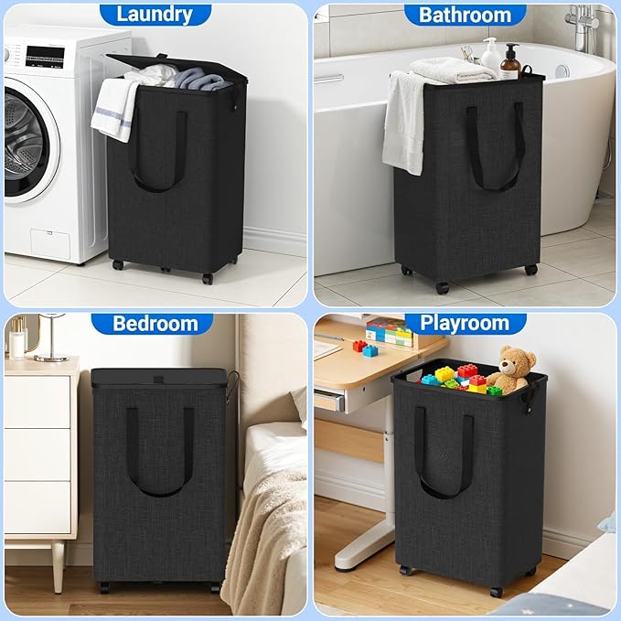Laundry Basket with 5 Wheels, Tall Dirty Laundry Hamper, Rolling Laundry Basket with Lid, Large 100L Collapsible Clothes Hamper for Laundry Room Bedroom Bathroom Dorm, Dark Gray