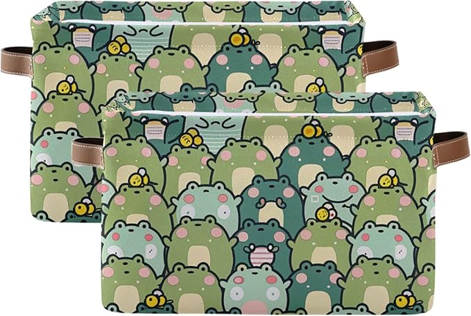 xigua Kawaii Frogs Storage Basket Collapsible Storage Bins Waterproof Canvas Storage Basket with Leather Handles for Home Closets Offices,Bedrooms,Gift Baskets,1PCS