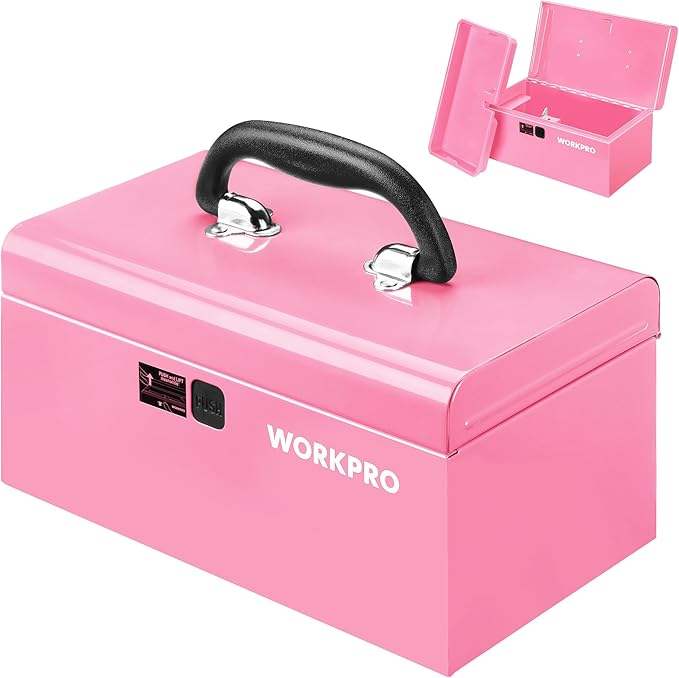 WORKPRO 10.8" Portable Mini Metal Tool Box with Removable Color-Matching Tray, One-Button Latch Toolbox, Steel Tool Chest with PP Handle, Compact Storage Organizer for Home, Office or Workshop