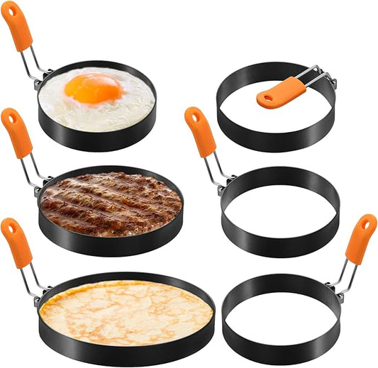 Patelai 6 Pcs Egg Ring Pancake Ring Set Stainless Steel Fried Egg Molds Griddle Pancake Shapers with Silicone Handle for Breakfast Omelette Sandwich (Round Style,4, 6, 8 Inch)