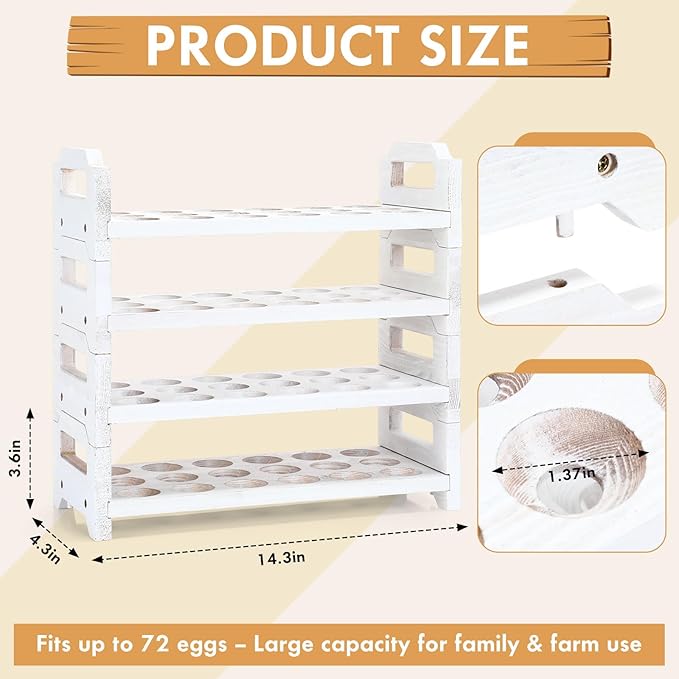 Reallnaive 4 Tier Wooden Egg Holder for Countertop, Stackable Fresh Egg Storage Farmhouse Collecting Rack for Gathering Kitchen Organizer Duck Eggs Display, Stackable with 72 Eggs (White,Pine)