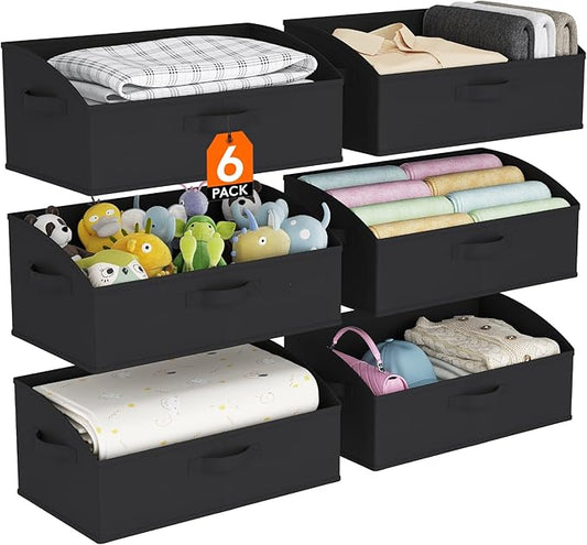 Lifewit Trapezoid Closet Storage Bins for Shelf, 6 Packs Non-woven Closet Organizer Baskets with Handles, Foldable Clothes Containers Boxes for Clothing, Book, Purse, 23L, Extra Large, Black