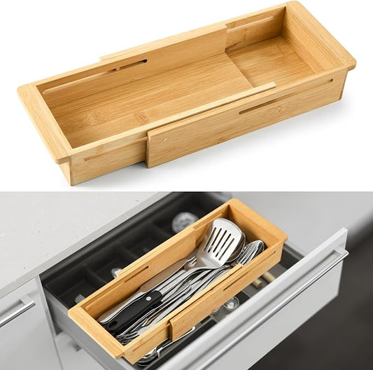 LemonRoad 1 Pcs Sliding Drawer Organizer Bin Bamboo Drawer Expandable Bins Utensil Organizer for Kitchen Spoons Forks Knives (Wood)