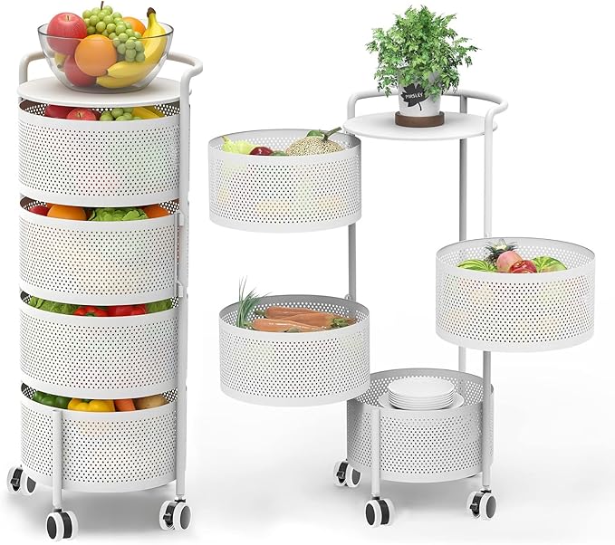 JAQ No Assembly Integrated Rotating Storage Cart, 4-Tier Rolling Storage Cart with Wheels, Solid Carbon Steel Onion Potato Storage, Kitchen Storage Cart, Vegetable Storage Cart, White