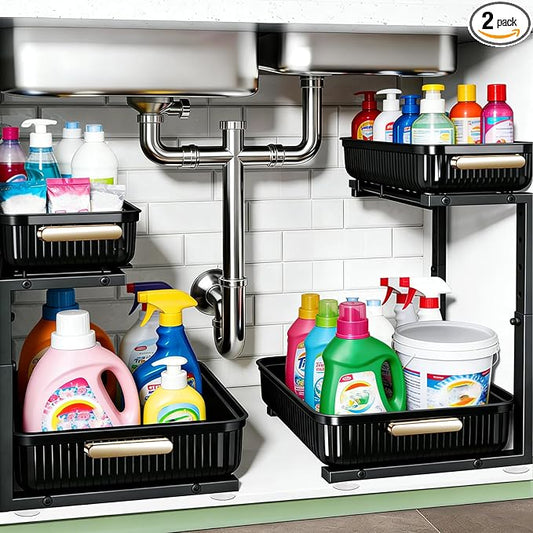 ARSTPEOE Under Sink Organizer - 2 Packs Multi-Purpose Pull-Out Storage Organizers, Slide out Pull out Metal Cabinet Organizer Shelf, Storage for Kitchen Bathroom, Black