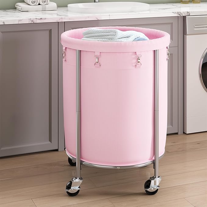 ELYKEN 190L Laundry Basket with Wheels, Large Rolling Laundry Hamper with Removable Liner Bag, Round Rolling Laundry Cart, Dirty Clothes Hamper for Hotel, Home, Closet, Dorm, Pink