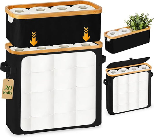 Livole 2-in-1 Toilet Paper Storage with Lid Toilet Paper Basket- 20 Regular Rolls or 15 Mega Rolls Extra Large Toilet Paper Organizer for Bathroom, Black