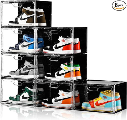 Amllas New 8 Pack Shoe Boxes Stackable, Large Shoe Storage Organizer with Lids,Drop Side Shoe Containers for Entryway,Sneaker Storage Fit up to US Size 13 for Men/Women(13’’x 10.6”x 8.3”)