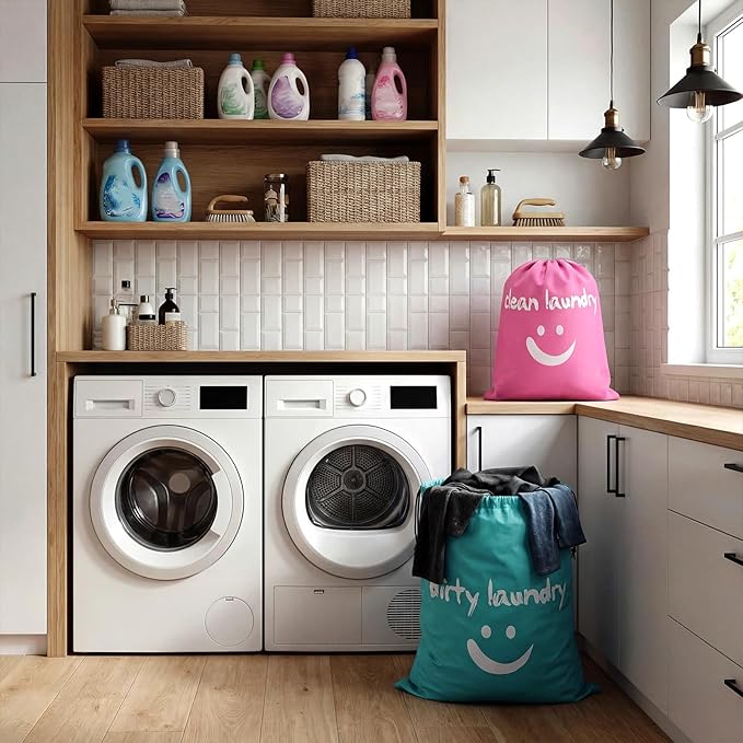 Shappy 2 Pcs XL Clean Laundry Bags Nylon Travel Laundry Bag with Drawstring Machine Washable Dirty Clothes Organizer Bag Storage Bags for Hamper or Basket, 23.6 x 17.7 Inch(Pink, Lake Blue)