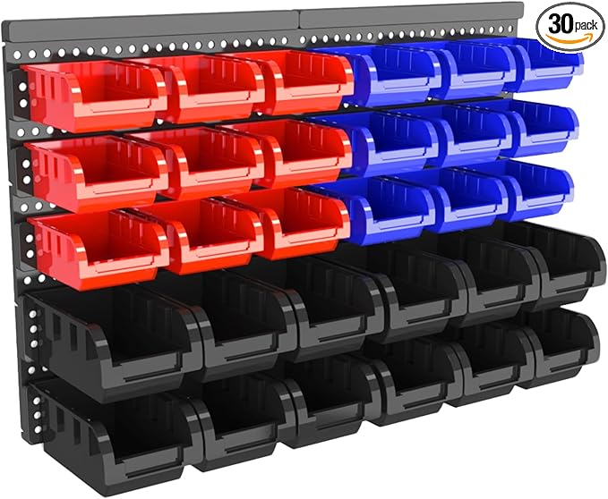 Wall Mounted Storage Bins, Nut and Bolt Organizer, Plastic Bolt Bin, Screw Organizer, Storage Bins for Garage (RED+BLUE+BLACK, SMALL(30PCS))