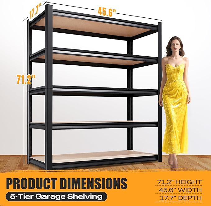 AOAORRG Set of 4 Garage Shelving Heavy Duty Storage Shelves, Metal Adjustable Shelving Unit, Utility Garage Organizer Shelf for Basement, Pantry, Kitchen, Warehouse, 45.6" Wx17.7 Dx71.2 H, Black