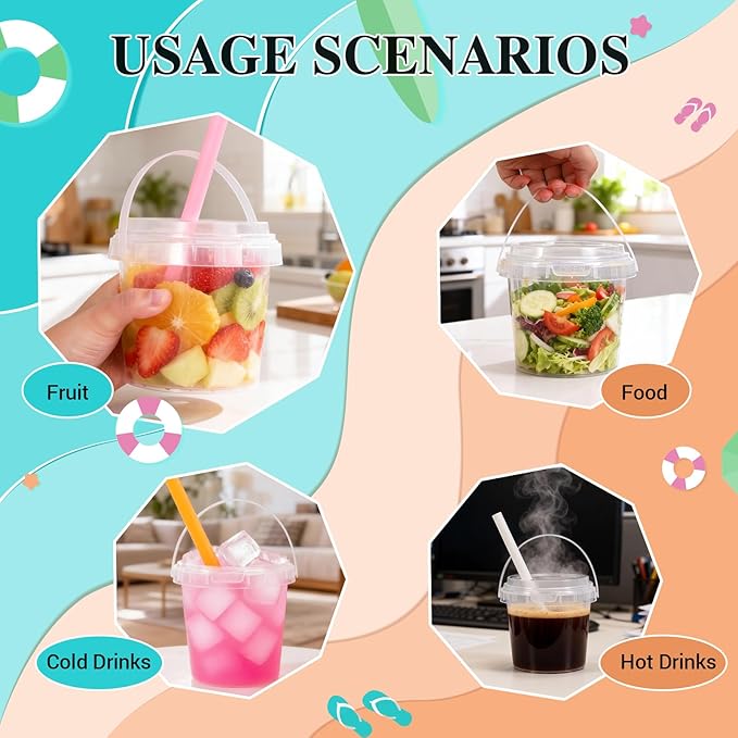 ASEVAT 12 Pack 17oz Clear Plastic Drink Buckets with Dual-Lid System, Reusable 0.5L Cups with Lids and Straws, Leakproof Bucket Cups for Boba Bubble Tea, Smoothies, Iced Coffee
