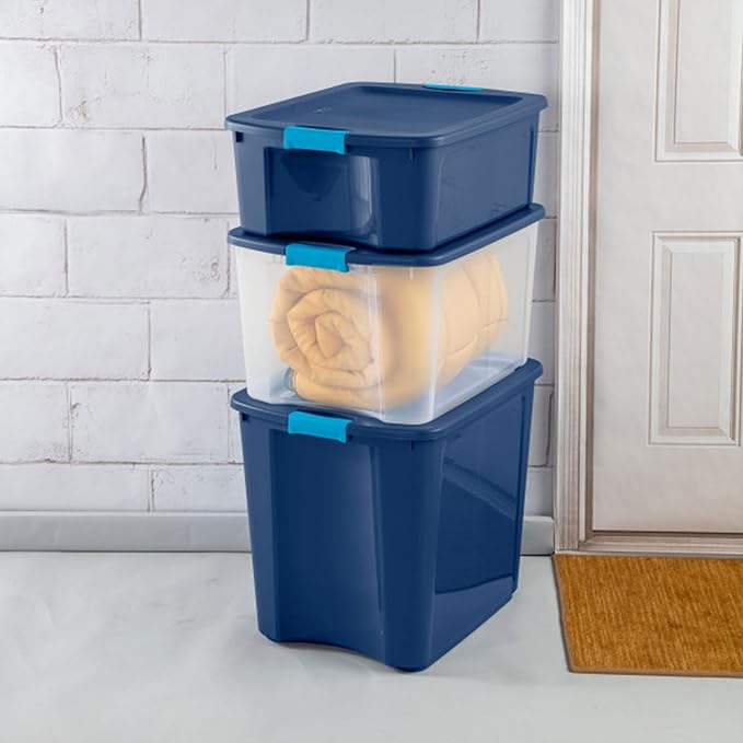 Sterilite 18 Gal Latch and Carry, Stackable Storage Bin with Latching Lid, Plastic Container to Organize Closets, Clear with Blue, 18-Pack