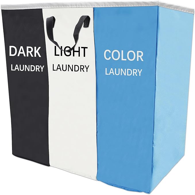 168L Laundry Hamper, Large Blanket Storage Basket Sorter 3 Section Bag Organizer for Dirty Clothes - Toys - Towel,15 X 23 X 28 inch Heavy Duty Laundry Cart Baskets (Black white blue bag)