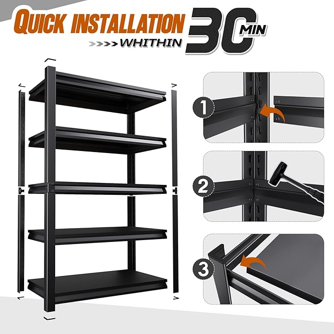 2500lbs Heavy Duty Garage Shelving, 5-Tier Adjustable Storage Shelves, 72" H x 35.4" W x 15.7" D, Utility Metal shelvingfor Warehouse, Basement, Garage