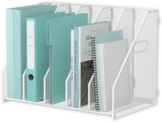 MINDEPOT Desk File Organizer Metal Desk Magazine Folder Holder with 5 Vertical Compartments Rack File Organizer for Office, Home, School (White)