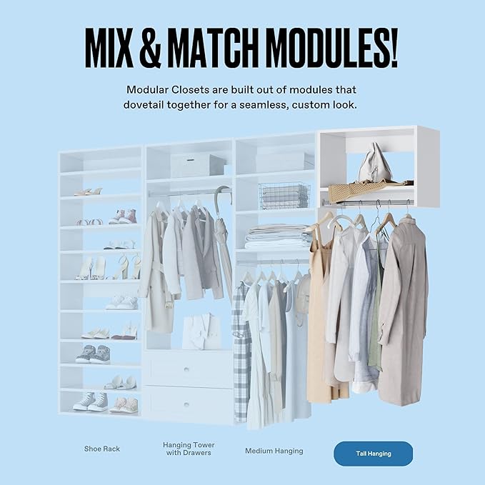 MC Modular Closets Vista Collection Tall Hanging Closet Organizer with Rod and Shelf (White, 36 Inches Wide)