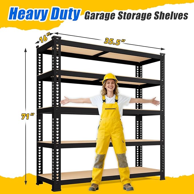 71" H x 35.5" W x 16" D 5-Tier Metal Storage Shelves: Heavy Duty Garage Shelving Adjustable Shelves for Storage - Black Utility Rack Shelf for Pantry, Warehouse, Office, Kitchen, 4PCS