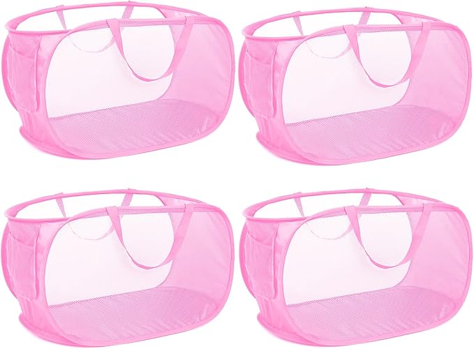 4 Pcs Durable Collapsible Laundry Baskets, Foldable Large Opening Pop Up Laundry Hamper with Pocket, Clothes Hamper with Handles for Laundry, Bathroom, Kids Room, Dorm or Travel Pink