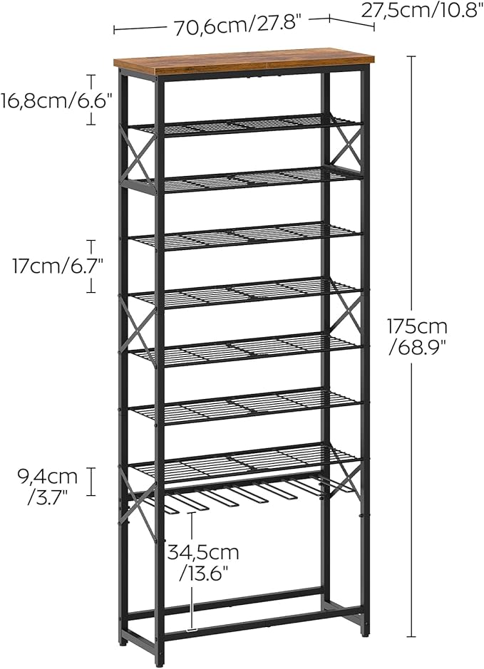 YATINEY Tall Shoe Rack for Entryway, Metal Shoe Storage Organizer with Boot Rack, 10 Tier Sturdy Shoe Rack for Closet, Space Saving Wooden Shoe Shelf, Black and Rustic Brown SS19BR