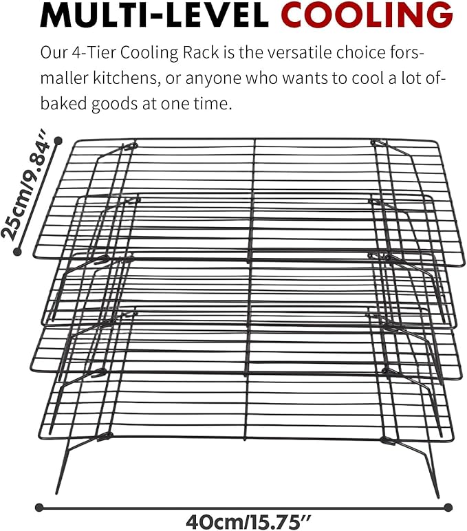 PowerKing 4-Tier Cooling Rack for Baking - 15.75" x 9.84" Stackable Stainless Steel Wire Rack, Non-Stick, Collapsible, Space-Saving Design for Cookies, Cakes, and More, Gifts for Baking Enthusiasts