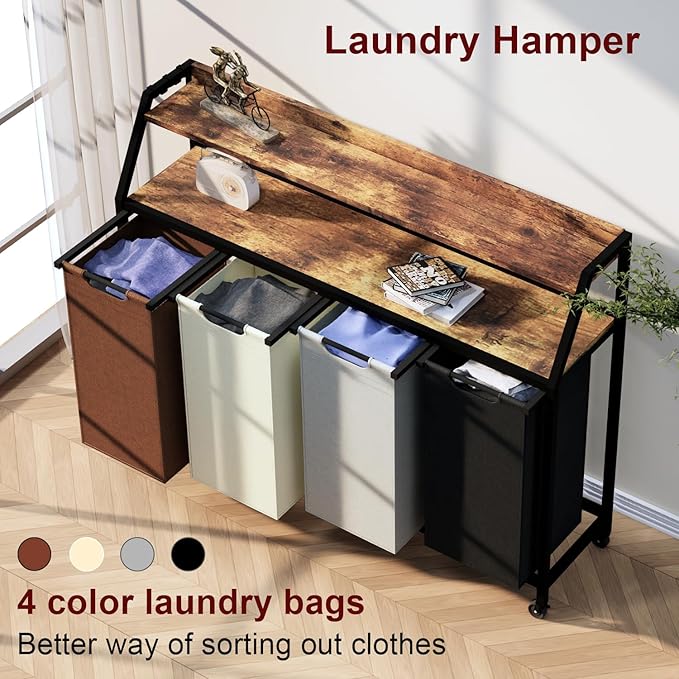 Timberer Laundry Hamper, Laundry Sorter 4 Section, Rolling Laundry Basket with Wheels, 2 Shelves, 4 × 14.5 Gal, Pull-Out and Removable Oxford Fabric Bags, for Laundry Room, 4 Colors