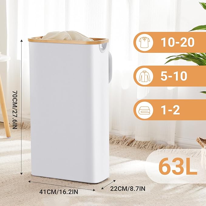 Slim Laundry Hamper with Lid, 63L Laundry Basket with Removable Bag, Oxford Fabric Laundry Bin with Bamboo Handles for Bathroom Bedroom Small Spaces