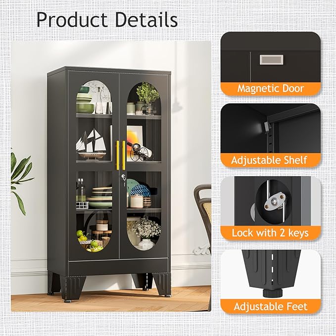 PAOFIN 47" H Locking Display Cabinet with Glass Door, Metal Cabinets with 3 Adjustable Shelves, Cabinet Display Case for Living Room, Collectibles, Clinic, Home - Assembly Required Black