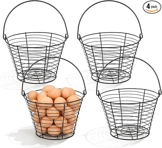4 Pcs 8" Black Round Wire Egg Basket for Gathering Fresh Eggs Metal Egg Collecting Basket with Handle Chicken Eggs Holder Countertop Farmhouse Kitchen Decor Storage