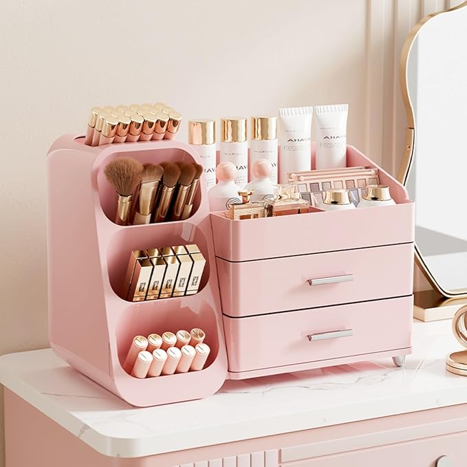 Booklov Makeup Organizer for Vanity, Large Capacity Cosmetic Display Case with Drawers, Countertop Beauty Storage Holder for Skincare, Brush Eyeliner Perfume Eyeshadow Lipsticks, Counter Desk, Pink