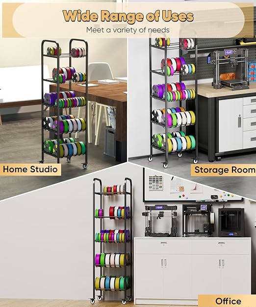 5-Tier 3D Printer Filament Storage Rack with Wheels, Rolling Spool Holder Stand Cart, Holds up to 60×1kg Spools, Heavy Duty Metal Filaments Organizer Shelf for Printing Studio Office Workshop
