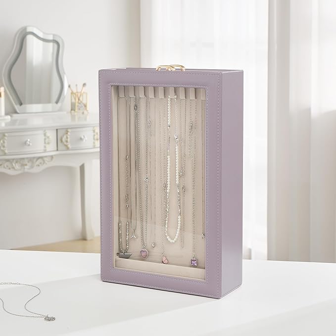 Lolalet Necklace Organizer Box, Jewelry Storage Box with Clear Window for Necklaces Bracelets, Tangle-Free Necklace Display Case for Women Girls, Mothers Day Gift