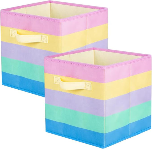 PowerKing Collapsible Storage Cubes with Handles, Fabric Foldable Bins for Closet Shelves, Durable Organization Storage Bins, 10.5'' x 11'' x 10.5'' (2Pack, Rainbow)